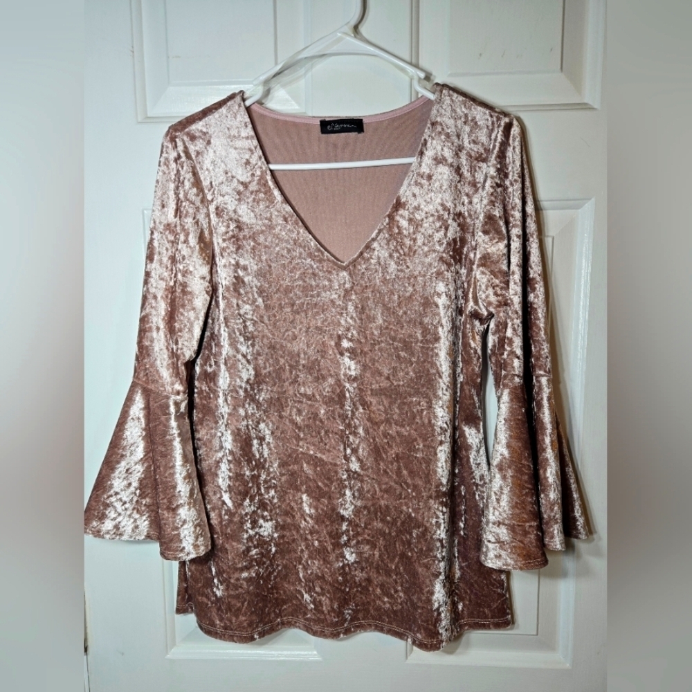 S. Levine Pink Crushed Velvet Bell Sleeve Blouse, Hippie,‎ Boho, Y2k, Medium